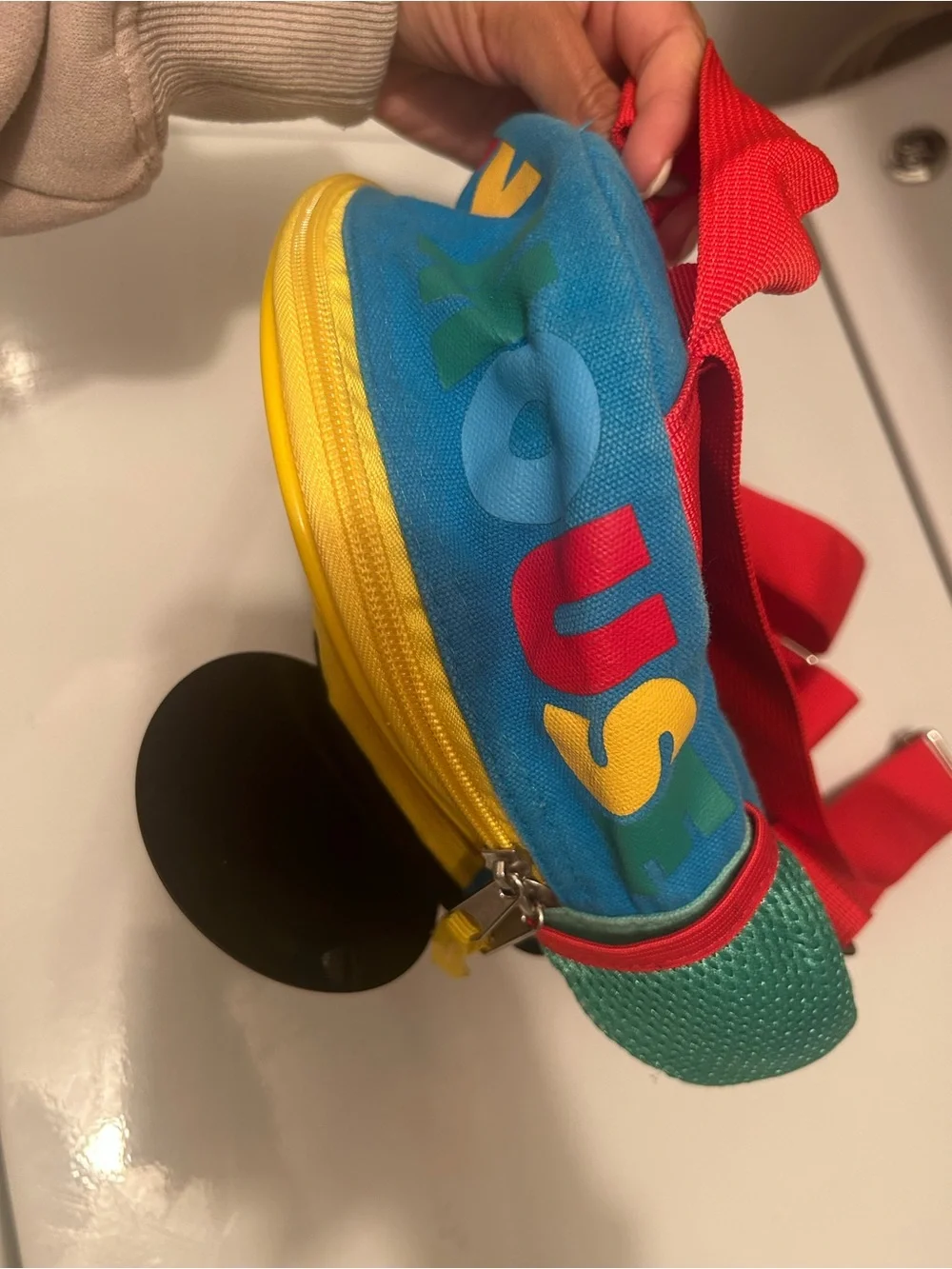 Disney Red Mickey Mouse Kids Backpack with Teal Pockets and Yellow Trim